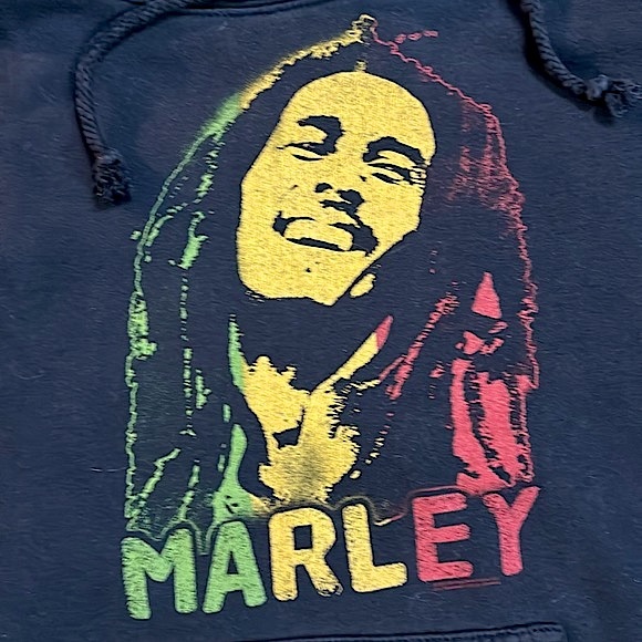Zion Rootswear Tops - Bob Marley black hoodie with Rasta green, yellow & red color face